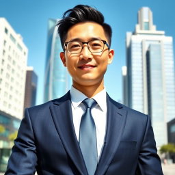 A stylish Chinese male in a professional suit, standing confidently in an urban business district