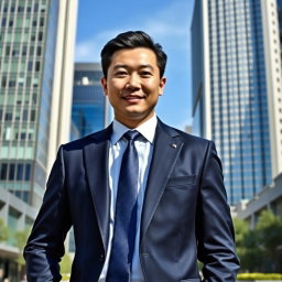 A stylish Chinese male in a professional suit, standing confidently in an urban business district