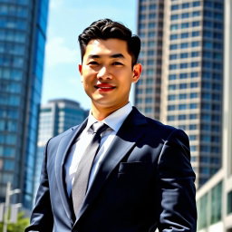 A stylish Chinese male in a professional suit, standing confidently in an urban business district