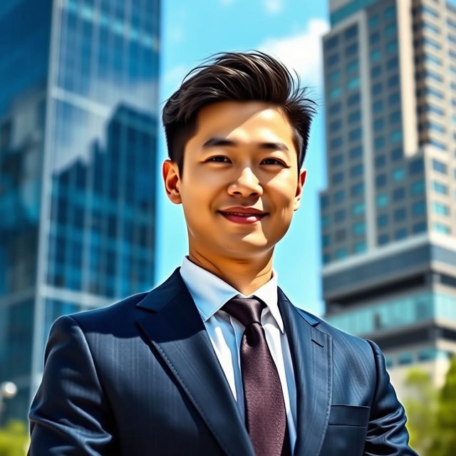 A stylish Chinese male in a professional suit, standing confidently in an urban business district