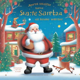 An open picture book about Santa, with a vibrant Christmas scene magically escaping from its centrefold, filled with holiday cheer and festive elements.