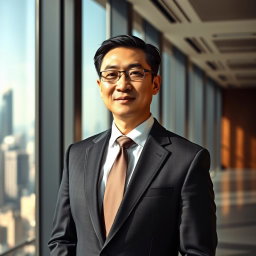 A portrait of a Chinese male executive dressed in a tailored suit, confidently standing in a modern office environment