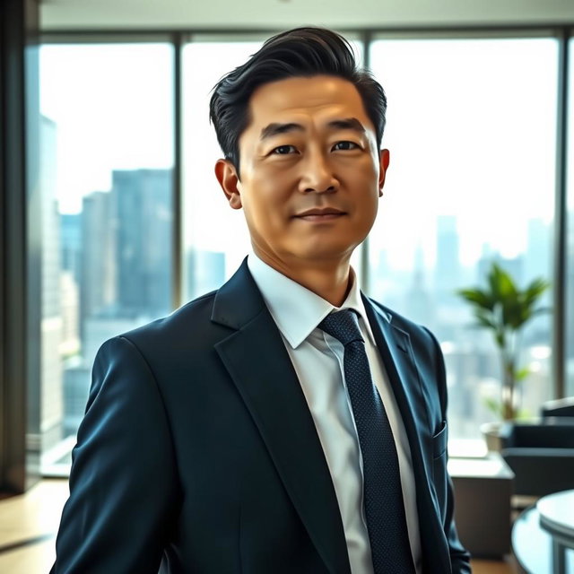 A portrait of a Chinese male executive dressed in a tailored suit, confidently standing in a modern office environment