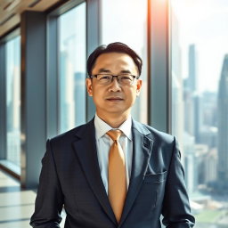 A portrait of a Chinese male executive dressed in a tailored suit, confidently standing in a modern office environment