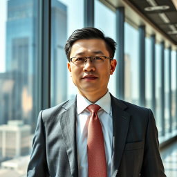 A portrait of a Chinese male executive dressed in a tailored suit, confidently standing in a modern office environment