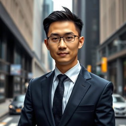 A portrait of a Chinese male in professional attire, showcasing a sleek, modern suit with a tailored fit