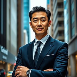 A portrait of a Chinese male in professional attire, showcasing a sleek, modern suit with a tailored fit
