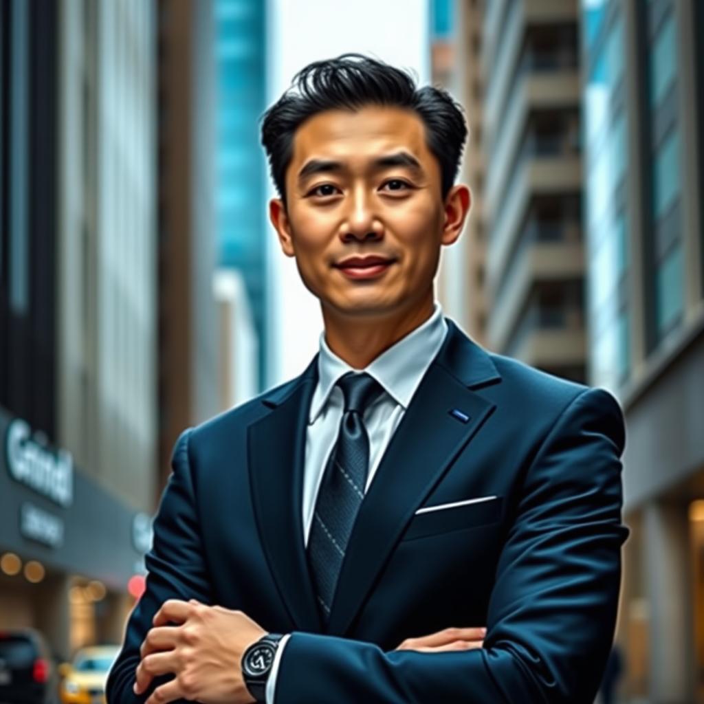 A portrait of a Chinese male in professional attire, showcasing a sleek, modern suit with a tailored fit