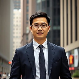 A portrait of a Chinese male in professional attire, showcasing a sleek, modern suit with a tailored fit