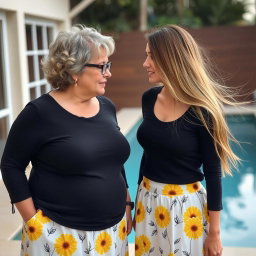 A significant age gap lesbian couple, showcasing an older woman in her mid-40s, overweight with stylish short curly hair, and a younger woman in her mid-20s, thin and slim with flowing long straight hair