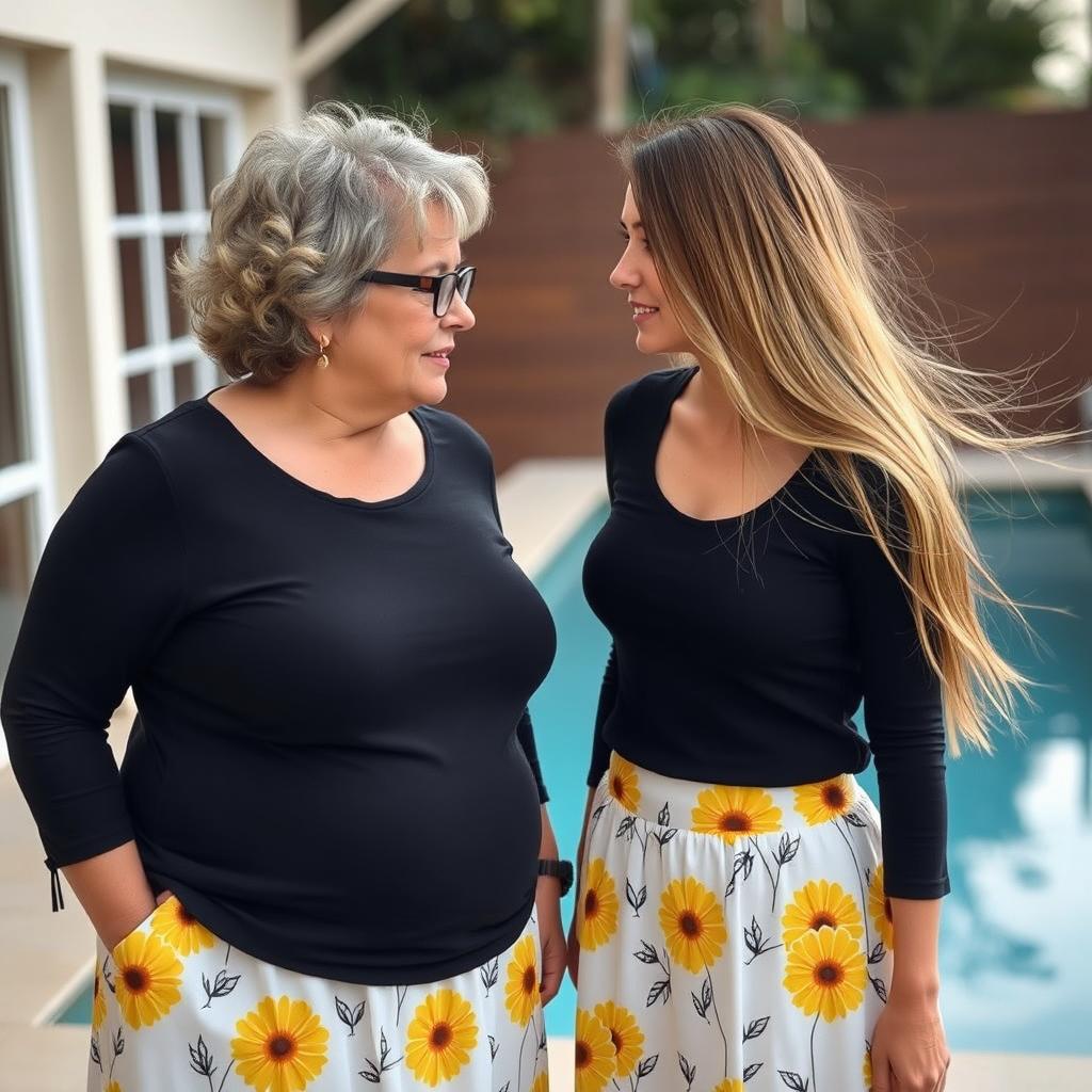 A significant age gap lesbian couple, showcasing an older woman in her mid-40s, overweight with stylish short curly hair, and a younger woman in her mid-20s, thin and slim with flowing long straight hair