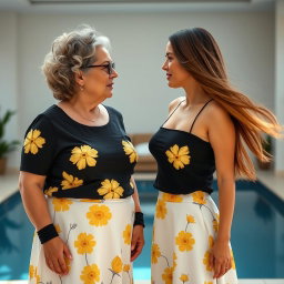 A significant age gap lesbian couple, showcasing an older woman in her mid-40s, overweight with stylish short curly hair, and a younger woman in her mid-20s, thin and slim with flowing long straight hair