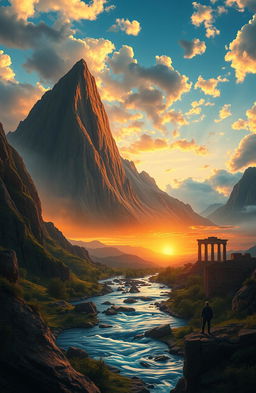 A majestic landscape showcasing the stories of greatness: a towering mountain representing perseverance, a flowing river symbolizing flow of creativity, a vibrant sunrise depicting hope, and ancient ruins hinting at historical achievements