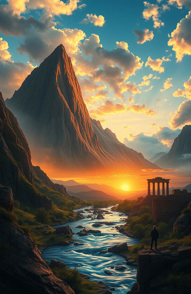 A majestic landscape showcasing the stories of greatness: a towering mountain representing perseverance, a flowing river symbolizing flow of creativity, a vibrant sunrise depicting hope, and ancient ruins hinting at historical achievements