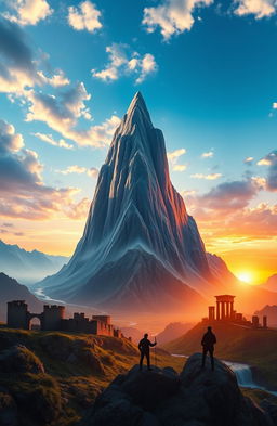 A majestic landscape showcasing the stories of greatness: a towering mountain representing perseverance, a flowing river symbolizing flow of creativity, a vibrant sunrise depicting hope, and ancient ruins hinting at historical achievements