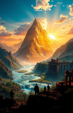 A majestic landscape showcasing the stories of greatness: a towering mountain representing perseverance, a flowing river symbolizing flow of creativity, a vibrant sunrise depicting hope, and ancient ruins hinting at historical achievements