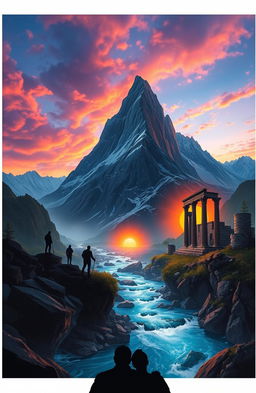 A majestic landscape showcasing the stories of greatness: a towering mountain representing perseverance, a flowing river symbolizing flow of creativity, a vibrant sunrise depicting hope, and ancient ruins hinting at historical achievements
