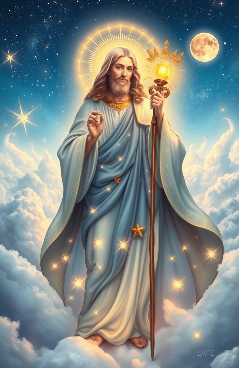 A mystical and ethereal depiction of a saint, adorned in flowing robes that shimmer with celestial light