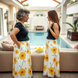A significant age gap lesbian couple, showcasing an older woman in her mid-40s, overweight with short curly hair, alongside a younger woman in her mid-20s, thin and slim with long straight hair