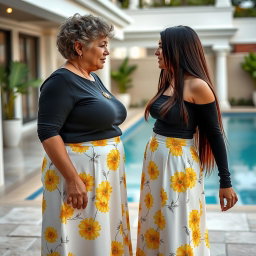 A significant age gap lesbian couple, showcasing an older woman in her mid-40s, overweight with short curly hair, alongside a younger woman in her mid-20s, thin and slim with long straight hair