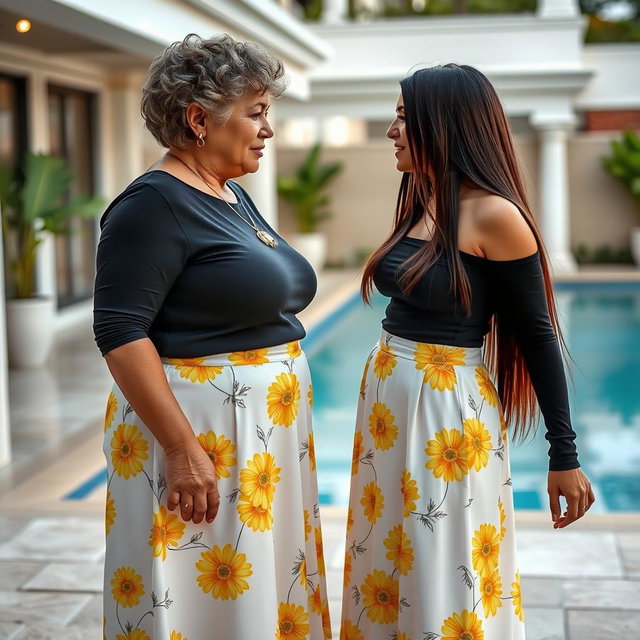 A significant age gap lesbian couple, showcasing an older woman in her mid-40s, overweight with short curly hair, alongside a younger woman in her mid-20s, thin and slim with long straight hair