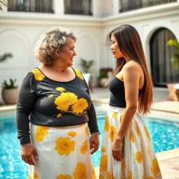 A significant age gap lesbian couple, featuring an older woman in her mid-40s, overweight with curly short hair and warm, inviting features, alongside a younger woman in her mid-20s, thin and slim with sleek long hair