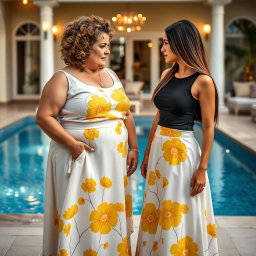 A significant age gap lesbian couple, featuring an older woman in her mid-40s, overweight with curly short hair and warm, inviting features, alongside a younger woman in her mid-20s, thin and slim with sleek long hair