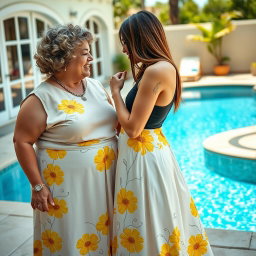 A significant age gap lesbian couple, featuring an older woman in her mid-40s, overweight with curly short hair and warm, inviting features, alongside a younger woman in her mid-20s, thin and slim with sleek long hair