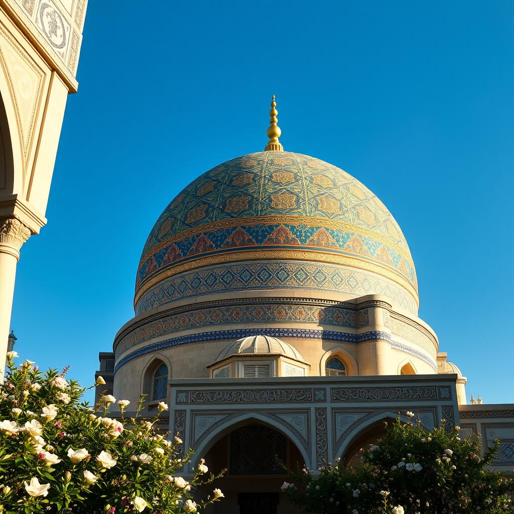 A stunning architectural view of a kubah (dome) adorned with intricate geometric patterns and vibrant mosaics