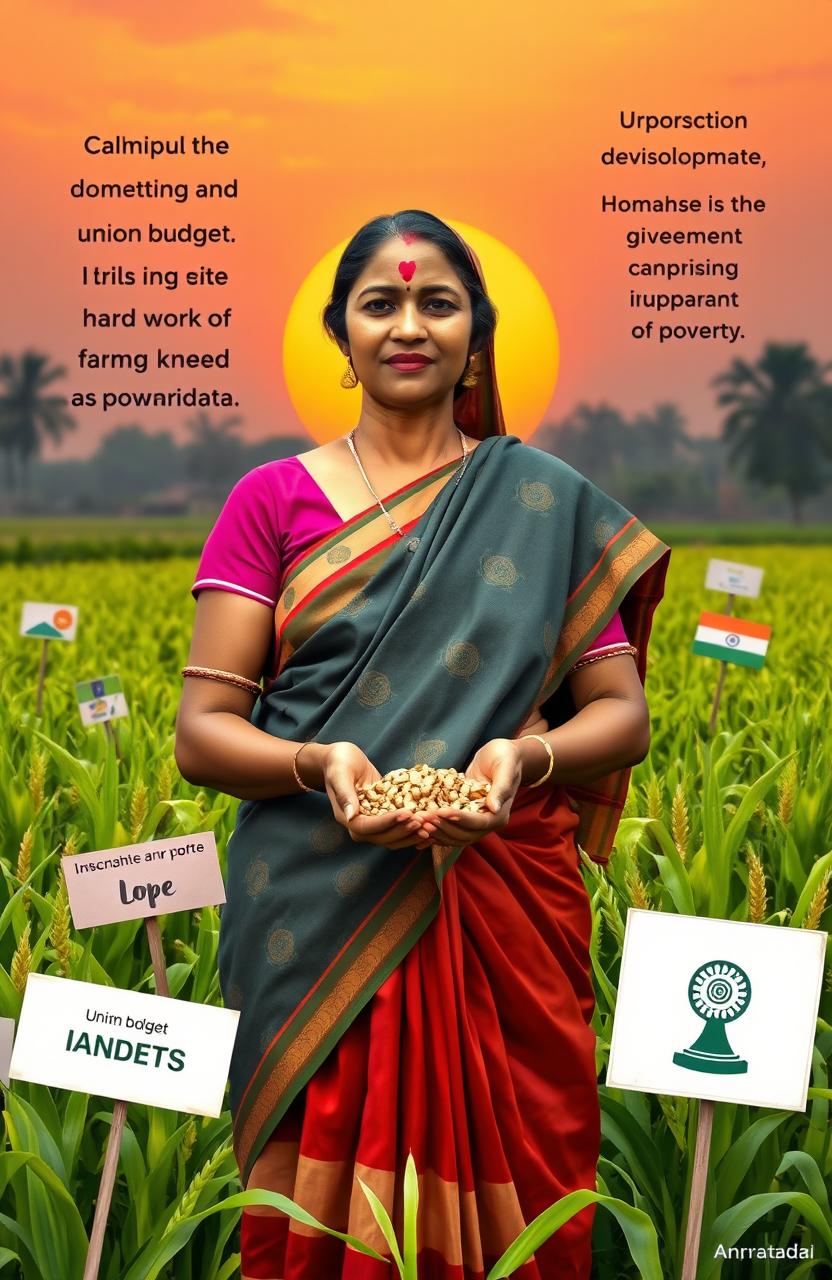 A scene depicting a rural Indian woman, in traditional attire, symbolizing the struggles of the agricultural community