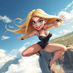 A sexy blonde 3D cartoon woman with striking blue eyes and vibrant red lips, depicted mid-fall off a cliff in a seductive pose, her long hair flowing dramatically in the wind, wearing a stylish, form-fitting outfit that accentuates her curves