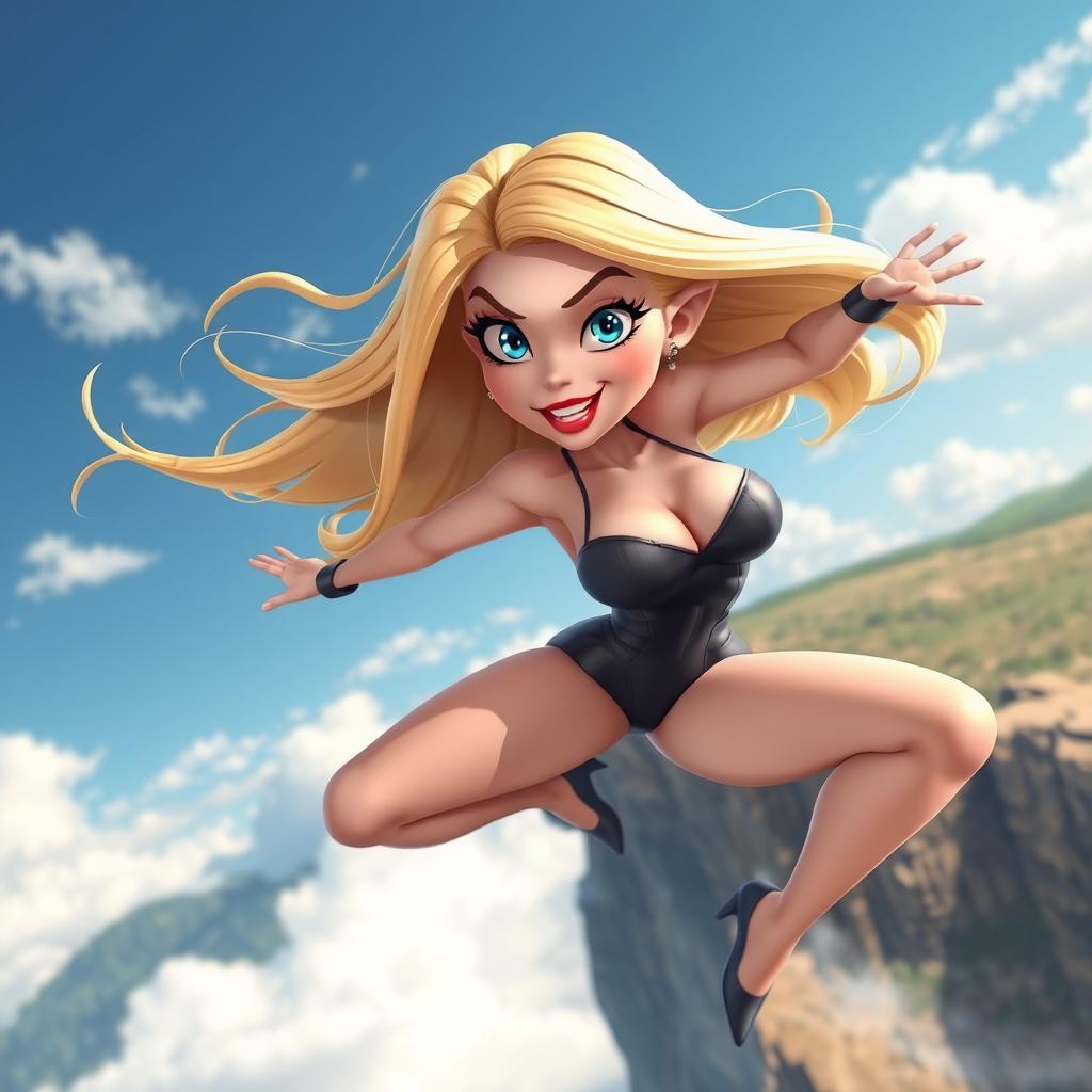 A sexy blonde 3D cartoon woman with striking blue eyes and vibrant red lips, depicted mid-fall off a cliff in a seductive pose, her long hair flowing dramatically in the wind, wearing a stylish, form-fitting outfit that accentuates her curves