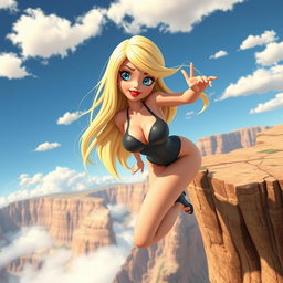 A sexy blonde 3D cartoon woman with striking blue eyes and vibrant red lips, depicted mid-fall off a cliff in a seductive pose, her long hair flowing dramatically in the wind, wearing a stylish, form-fitting outfit that accentuates her curves