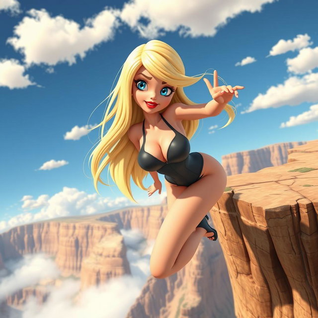 A sexy blonde 3D cartoon woman with striking blue eyes and vibrant red lips, depicted mid-fall off a cliff in a seductive pose, her long hair flowing dramatically in the wind, wearing a stylish, form-fitting outfit that accentuates her curves