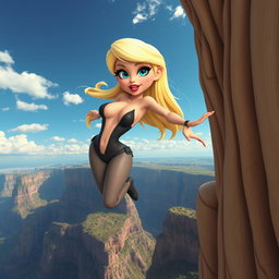 A sexy blonde 3D cartoon woman with striking blue eyes and vibrant red lips, depicted mid-fall off a cliff in a seductive pose, her long hair flowing dramatically in the wind, wearing a stylish, form-fitting outfit that accentuates her curves
