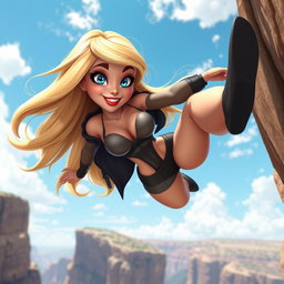 A sexy blonde 3D cartoon woman with striking blue eyes and vibrant red lips, depicted mid-fall off a cliff in a seductive pose, her long hair flowing dramatically in the wind, wearing a stylish, form-fitting outfit that accentuates her curves