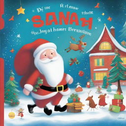 An open picture book about Santa, with a vibrant Christmas scene magically escaping from its centrefold, filled with holiday cheer and festive elements.