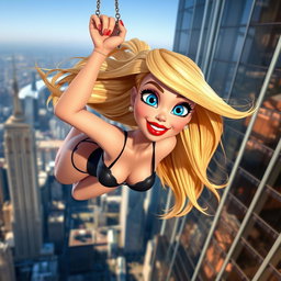 A sexy blonde 3D cartoon woman with stunning blue eyes and glossy red lips, gracefully falling from a majestic skyscraper in a seductive pose