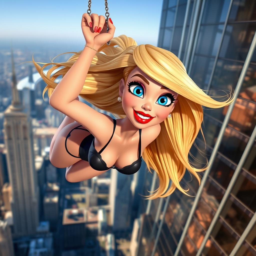 A sexy blonde 3D cartoon woman with stunning blue eyes and glossy red lips, gracefully falling from a majestic skyscraper in a seductive pose