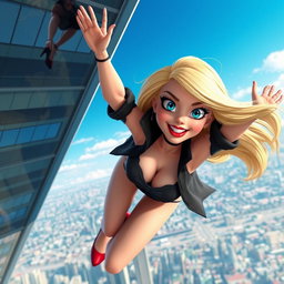 A sexy blonde 3D cartoon woman with stunning blue eyes and glossy red lips, gracefully falling from a majestic skyscraper in a seductive pose