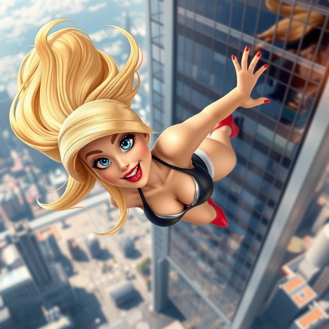 A sexy blonde 3D cartoon woman with stunning blue eyes and glossy red lips, gracefully falling from a majestic skyscraper in a seductive pose