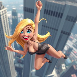 A sexy blonde cartoon woman with radiant blue eyes and luscious red lips, elegantly poised in a seductive falling pose, as she tumbles from a towering skyscraper