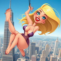 A sexy blonde cartoon woman with radiant blue eyes and luscious red lips, elegantly poised in a seductive falling pose, as she tumbles from a towering skyscraper