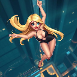 A sexy blonde 3D toon woman with striking blue eyes and luscious red lips, elegantly falling off a skyscraper in a seductive pose
