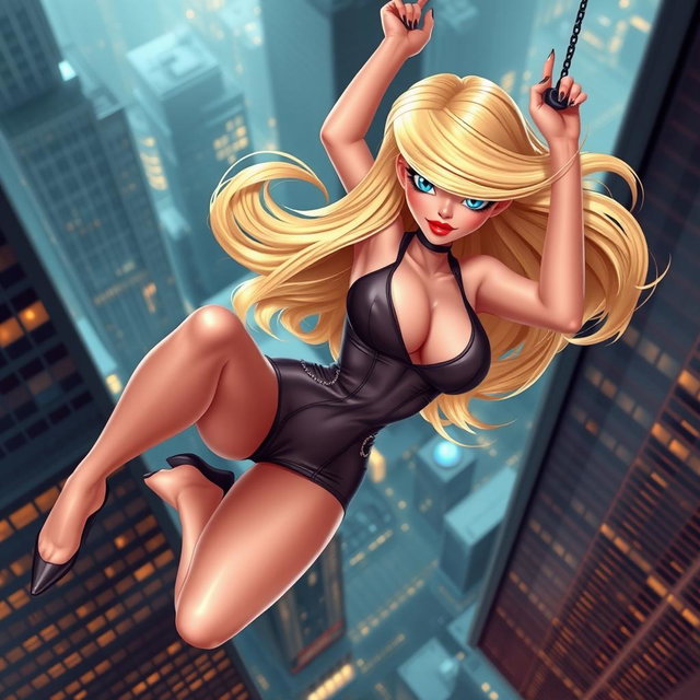 A sexy blonde 3D toon woman with striking blue eyes and luscious red lips, elegantly falling off a skyscraper in a seductive pose