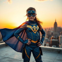 A girl transformed into a superhero with a vibrant costume featuring a deep blue and gold color scheme, a stylish cape fluttering in the wind, and a mask that accentuates her features