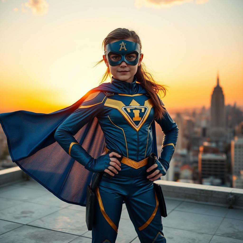 A girl transformed into a superhero with a vibrant costume featuring a deep blue and gold color scheme, a stylish cape fluttering in the wind, and a mask that accentuates her features