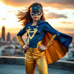 A girl transformed into a superhero with a vibrant costume featuring a deep blue and gold color scheme, a stylish cape fluttering in the wind, and a mask that accentuates her features