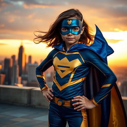 A girl transformed into a superhero with a vibrant costume featuring a deep blue and gold color scheme, a stylish cape fluttering in the wind, and a mask that accentuates her features