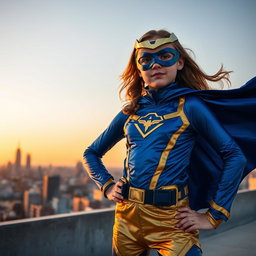 A girl transformed into a superhero with a vibrant costume featuring a deep blue and gold color scheme, a stylish cape fluttering in the wind, and a mask that accentuates her features